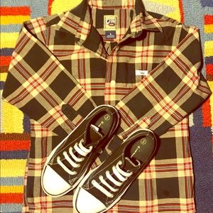 Black & brown plaid long sleeved lumberjack shirt